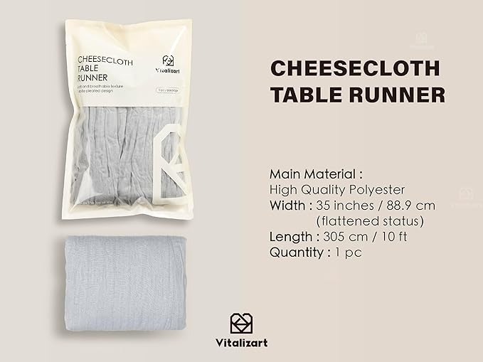 Vitalizart Cheesecloth Table Runner 10ft Gauze Boho Rustic Light Gray Cheese Cloth Table Runner for Wedding Bridal Shower Fall Thanskgiving Decoration 120 Inches