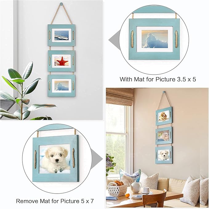 DLQuarts 5x7 Hanging Picture Frames Collage Wall Decor, 3-Opening Photo Frames 5x7 without Mat & 3.5x5 with Mat, Rustic Wood 3 Photo Frames, Ocean Blue