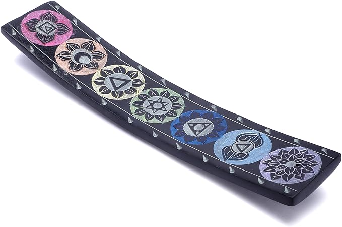 Ajuny Soapstone Incense Holder for Sticks Incense Cone Burner with Ash Catcher 7 Chakra Tray Strip Heat Resistant Yoga Meditation Spiritual Home Office Spa Hotel Fragrance Gift (Black,10 x 2 Inch)