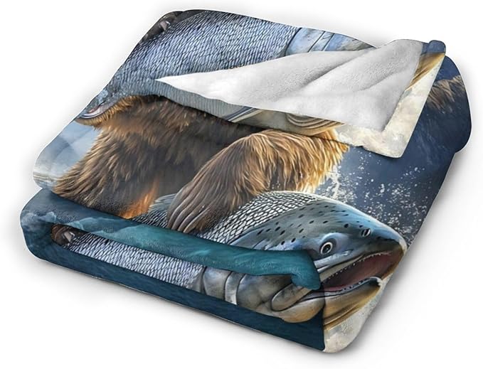 Tijuboni Bear Fish Throw Blanket Cabin Bear Gifts for Women Men Girls Boys Kids Adults Soft Flannel Fleece Blanket for Couch Sofa Bed Home Decor 60"x80"