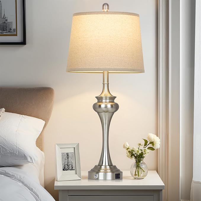 30 inch Silver Table Lamp Single, 3 Way Touch Control Bedside Lamp with USB A+C Ports, Modern Brushed Nickel Bedroom Lamps for Nightstand, Tall Metal Living Room Lamps for Side Table Office