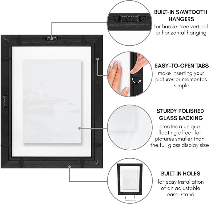 Americanflat 8x10 Floating Picture Frame with Polished Crystal-Clear Glass - Use as 5x7 Picture Frame or Display 4x6 Photo - Signature Float Collection - Photo Frames for Tabletop or Wall - Black