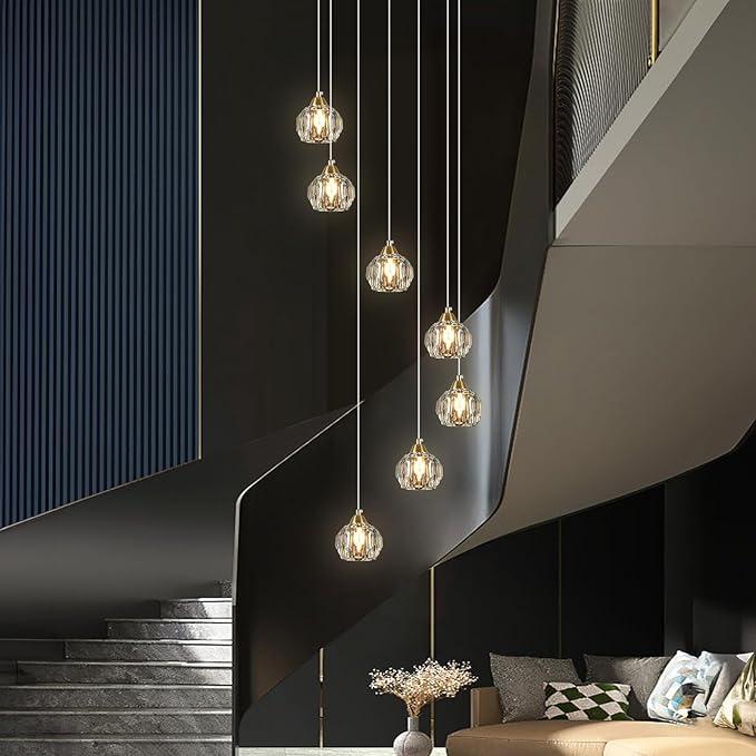Crystal Chandeliers for Staircases, 7-Light Gold Modern Chandeliers for High Ceilings，Crystal Pendant Light Fixture for Living Room Kitchen Island Foyer Hallway Bar