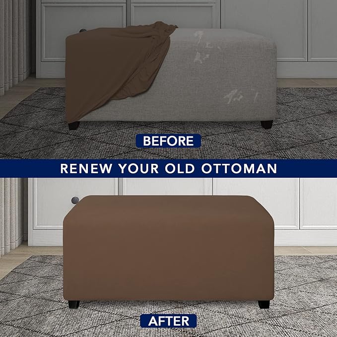 PureFit Super Stretch Soft Form Fit Ottoman Cover Rectangle - Ottoman Slipcovers for Foot Stool & Folding Storage Furniture for Living Room with Nonslip Elastic Bottom (Large, Brown)