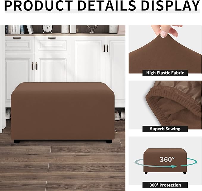 Easy-Going 100% Dual Waterproof Stretch Ottoman Cover Rectangle Folding Storage Stool Furniture Protector Soft Slipcover for Living Room with Elastic Bottom (Large, Brown)