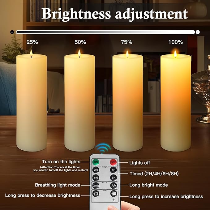4 Pack 14" x 4" Large Outdoor Candles, Waterproof Flickering LED Flameless Candles with Timer, Battery Operated Candles with Remote Control Realistic Fake Pillar for Patio Porch Lanterns, Ivory