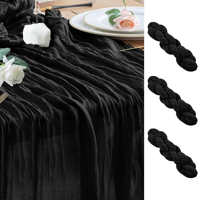 Wokceer Cheesecloth Table Runner 3Pack 10FT Black Christmas Boho Gauze Cheese Cloth Table Runner for Party Easter Rustic Sheer Table Runners for Baby Bridal Shower Wedding Table Decor