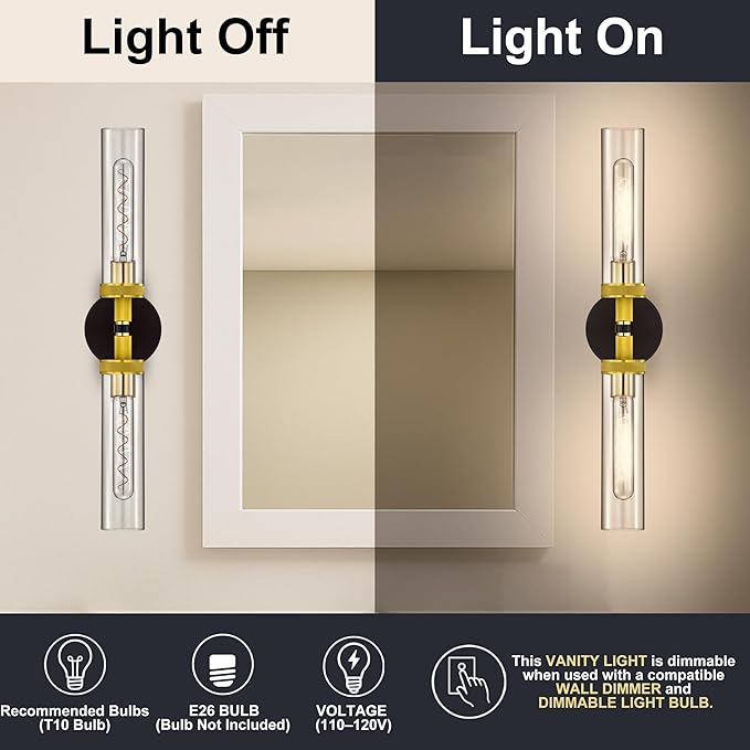 LaLuLa Bathroom Vanity Light,Knurled Texture Linear Black and Gold Wall Sconces,Clear Glass Tube Vanity Lighting Fixtures,Modern Hardwired Wall Mounted Light,Indoor Wall Lights for Bedroom,Hallway
