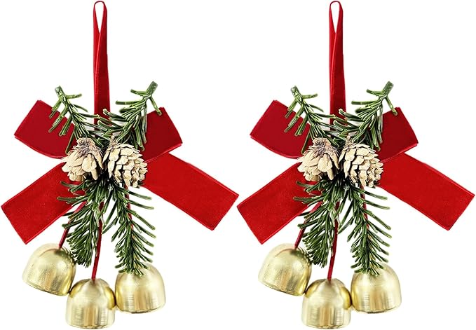 2 Pcs Christmas Wreath Bows with Jingle Bells and Pinecone, FoyaHome Hanging Decor for Tree Topper, Cabinet, Gift - Velvet Bow Ornaments & Bell Decorations