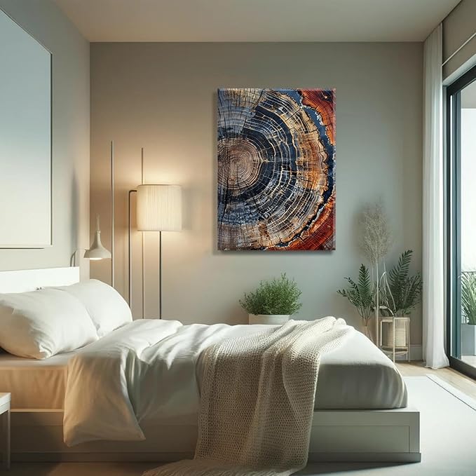 IBHJSART Framed Tree Ring Canvas Wall Art Vintage Colorful Wood Stump Painting Prints Modern Minimalist Pictures Neutral Nature Rustic Farmhouse Decor Living Room Bedroom Bathroom Office