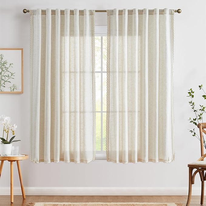 jinchan Linen Curtains for Living Room Bedroom Light Filtering Semi Sheer Curtains Boho Farmhouse French Country Cottage Core Decor Window Drapes Back Tab 72 Inch Length Laced Beige