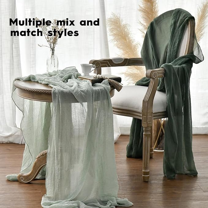 Artoid Mode Boho Cheesecloth Gauze Sage Green Wedding Table Runner, 160 Inch Seasonal Fabric Kitchen Dining Holiday Table Decor for Home Party Indoor