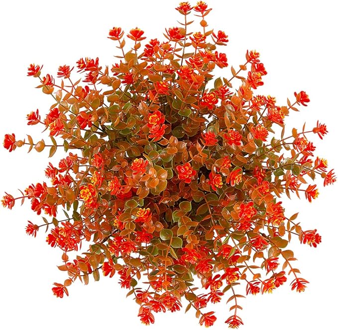 8 Bundles Artificial Flowers, Fake Artificial Greenery UV Resistant No Fade Faux Plastic Plants for Wedding Bridle Bouquet Indoor Outdoor Home Garden Kitchen Office Table Vase (Orange Red)