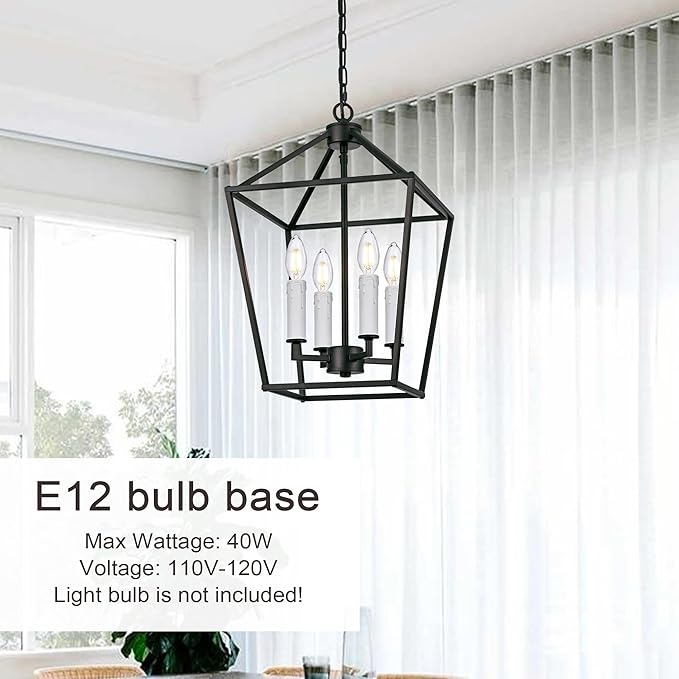 MELUCEE 12-inch Black Cage Chandelier 4-Light Farmhouse Lantern Pendant Light Openwork Cage Hanging Light Fixtures Ceiling with White Candle-Shaped Lamp Holder for Kitchen Island, Dining Room, Foyer