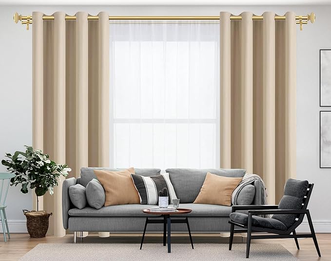 KAMANINA 1 Inch Double Curtain Rods 72 to 144 Inches (6-12 Feet) Telescoping Gold Curtain Rod for Windows 69 to 140 Inches, Long Drapery Rods with Square Finials