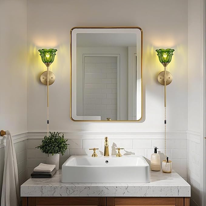 2 Pack Plug in Gold Wall Sconce with Green Glass Shades, Modern Mid Century Bathroom Vanity Wall Light Fixtures, Industrial Brushed Brass Wall Lamp, for Bedroom Mirror Living Room, ETL Listed
