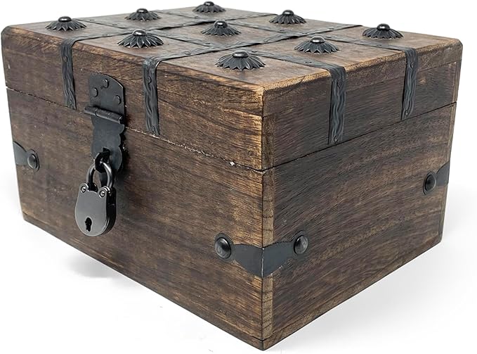 Nautical Cove Treasure Chest Wooden Box with Antique Iron Lock and Skeleton Key (Small 8x6x4.5) - Storage and Decor – Pirate Keepsake Chest, Decorative Storage Box with Hinged Lid