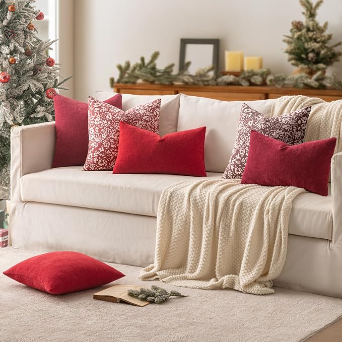 MIULEE Red Couch Pillow Covers 18x18 Inch, Set of 2 Soft Chenille Decorative Square Throw Pillow Covers Christmas Farmhouse for Sofa Living Room Bed