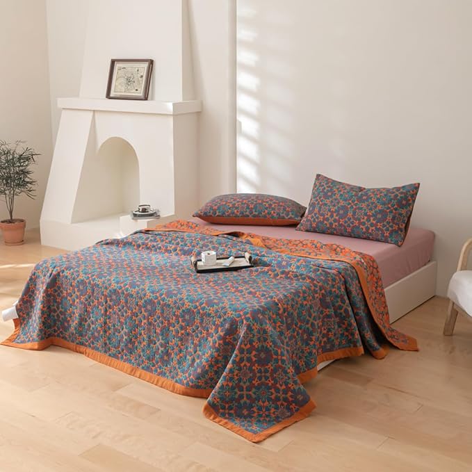 100% Cotton Muslin Blanket Jacquard Bohomian Mandala Floral Print Quilt, Soft Bed Cover 3 Layers Reversible Bedspread Coverlet Breathable Lightweight Bedding King(98"x94"), No Pillow Sham