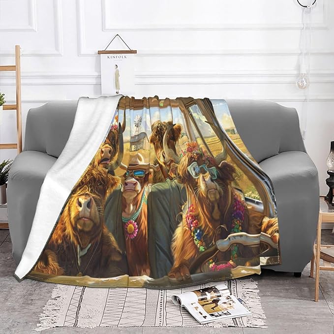 Funny Highland Cow Throw Blanket Hawaii Highland Cow Decor Blanket Super Cozy Plush Lightweight Soft Plush Flannel Fleece Cow Blanket Gifts for Girls Boys Kids Women Men for Sofa Bed Couch 80"X60"