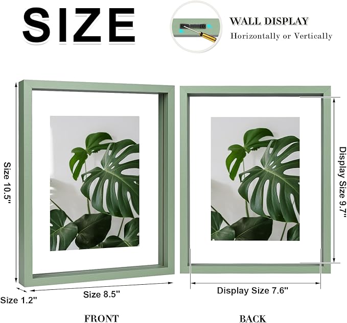 Egofine 8x10 Floating Frames Set of 2, Double Plexiglass Picture Frame, Made of Solid Wood Display Any Size Photo up to 8x10, Wall Mount or Tabletop Standing, Green