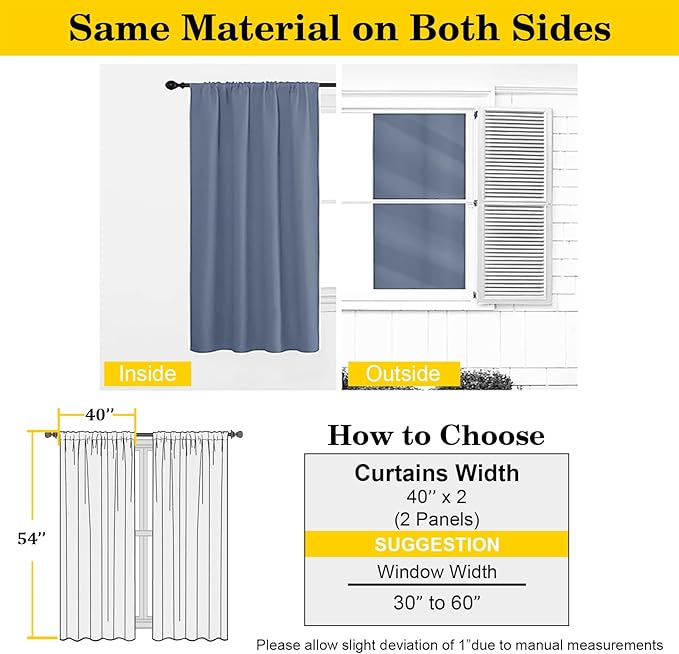 Denim Blackout Curtains for Bedroom Living Room 54 Inch Length 2 Panels Set, Soft Solid Thermal Insulated Room Darkening Curtains Drapes, Modern Rod Pocket Design, Denim, 2PCS Each 40"Wx54"L
