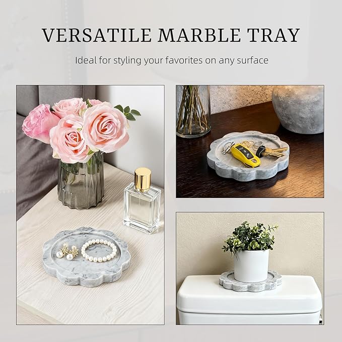Natural Marble Candle Holder, Elegant Marble Scalloped Tray for Countertop, Solid Feel, Smooth Finish, Catchall for Jar Pillar Candles, Perfume, Key, Jewelry Dish, 6.3" Diameter
