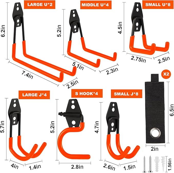 Garage Hook Heavy Duty Wall Storage Hangers, 32 Pack Garage Storage Hooks Steel Tool Orange for Ladders, Ropes, Garden Tools