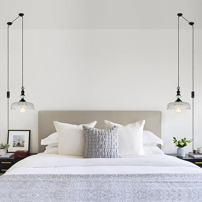 CVKASH Plug in Glass Pendant Light Fixture Black Vintage Adjustable Chandelier Hanging Ceiling Light for Farmhouse Hallway Bedroom Foyer Kitcken Dining Room Island.