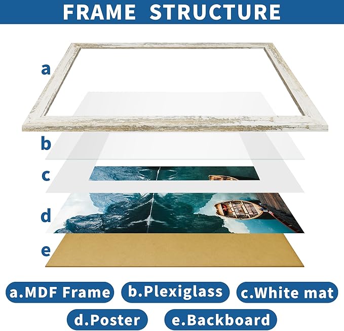 24x30 Frame Set of 2, Distressed White Wood Style - Display 18x24 Picture Frame with Mat or 24 x 30 Poster without Mat, Wall Mounting Horizontal and Vertical