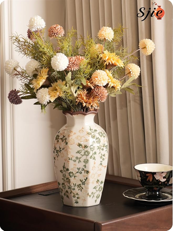 Vintage Ceramic Vase - 9 Inch Hand-Painted Flowers with Ice Crackle Glaze Finish, American Farmhouse Style Pitcher Vase for Home Decor, Centerpiece, Shelf, Table, Office