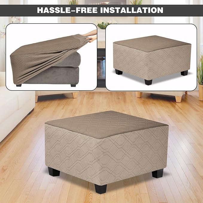 Ottoman Cover Square,Waterproof Square Ottoman Covers Thick Slipcover for Living Room,Washable Storage Footstool Furniture Protector for Dogs,Pets,Light Brown,Large