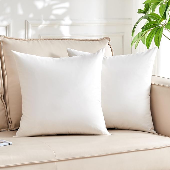 Organic Feather Down Throw Pillow Inserts (18x18 Inch, Set of 2) - 100% Cotton Shell, Filling of Feathers & Memory Foam, Square Decorative Pillow Form Core for Couch, Sofa, and Bed