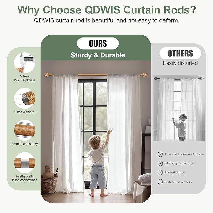 2 Pack Wood Curtain Rods for Windows 48 to 84 Inch,1'' Diameter Drapery Rods with Imitation Wood Grain Leaf Pattern Finials,Boho Adjustable Heavy Duty Curtain Rods Set,36-88'',Color:Natural Wood
