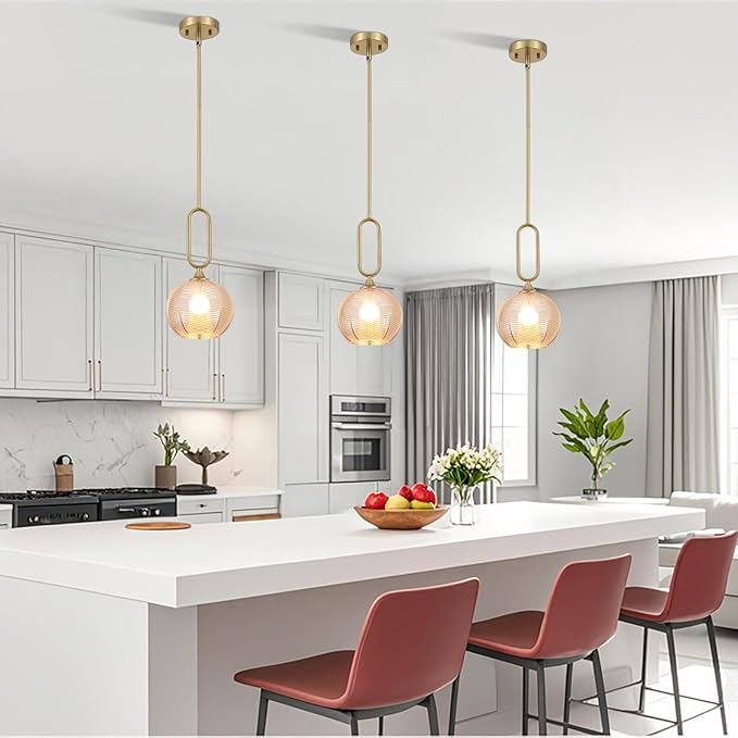 Amber Glass Pendant Light Modern Globe Pendant Lighting Nordic Ribbed Gold Ceiling Hanging Chandelier with Brushed Brass Adjustable Rods Dining Room Kitchen Island Light Fixture