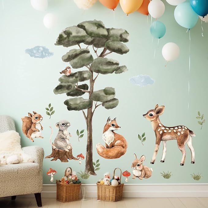 Amaonm 2 Sheet of 12x24 inch Watercolor Forest Tree Wall Decal Woodland Deer Squirrel Fox Wall Stickers 3D DIY Peel and Stick Jungle Wild Animal Pine Wall Decor for Kids Boys Bedroom Playroom Living Room Classroom Decoration (Tree animal)