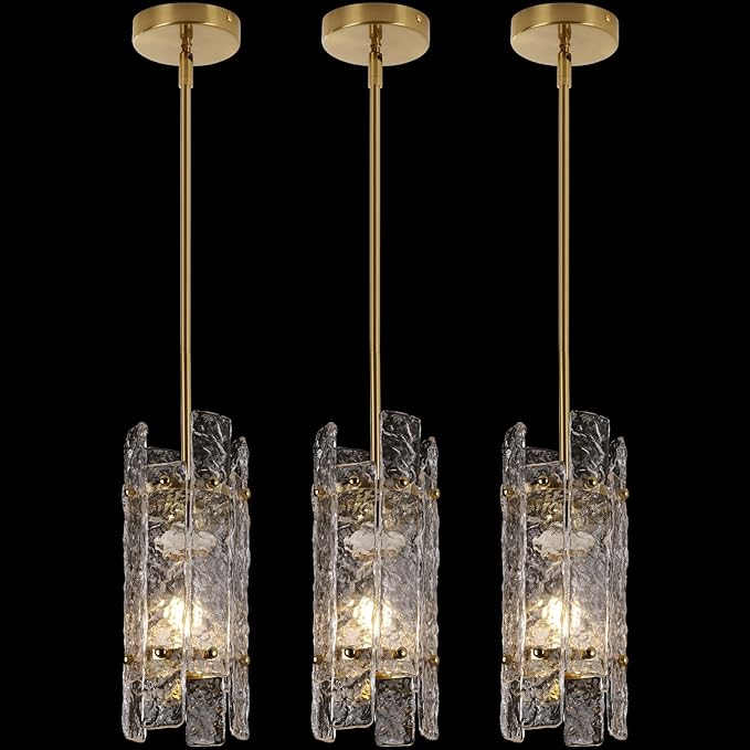 Gold Crystal Pendant Light for Kitchen Island,Luxury Mini Water Ripple Glass Chandelier Lights Fixture, Modern Round Adjustable Hanging Pendant Lighting for Dining Room Bedroom Hallway (3-Pack)