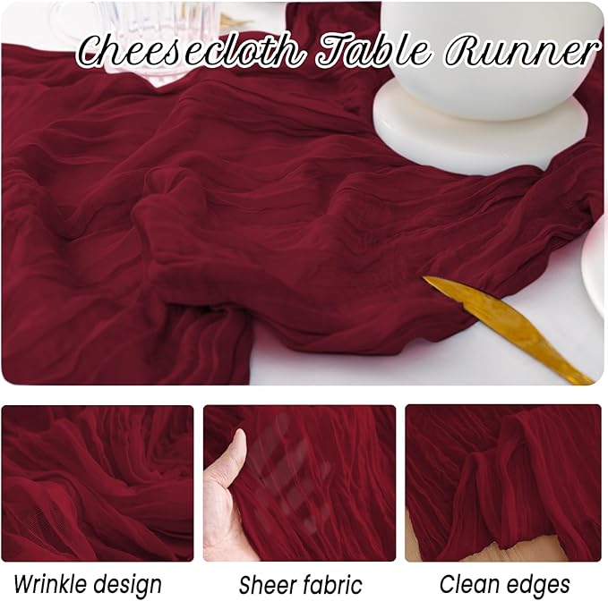 10 Pack Burgundy Cheesecloth Table Runner,10FT/120 Inch Boho Gauze Fabric Table Runner,Rustic Sheer Burgundy Cheese Cloth Runner Bulk for Wedding,Bridal Baby Shower,Birthday Party,Holiday Table Decor