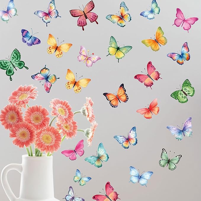 Large Butterfly Wall Decals 8 Sheets 62PCS Watercolor Wall Stickers Removable Peel & Stick for Kids Room Nursery Wall Art Girls Room Bedroom Décor