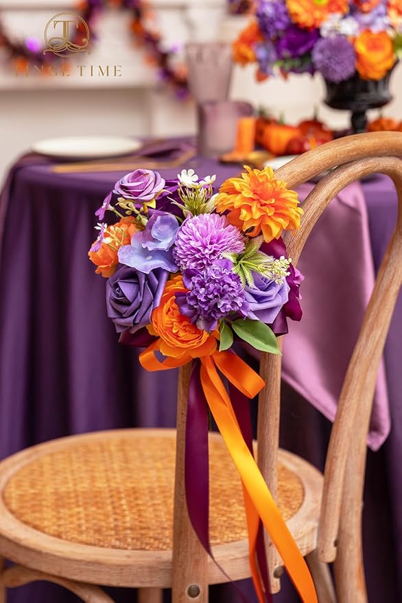 TINGE TIME Rose Artificial Flowers Combo, Fake Foam Roses with Stems for DIY Autumn Wedding Bridal Shower Party Table Centerpieces Fake Floral Arrangement Home Decor(Burnt Orange and Purple)