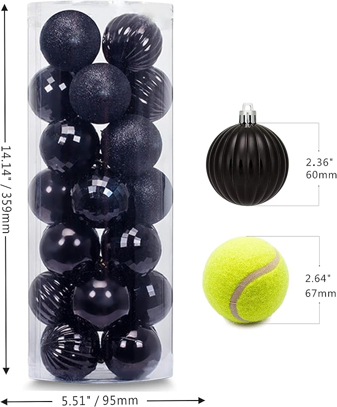 28ct Shatterproof Christmas Ball Ornaments in 4 Classic Finishes for Christmas Tree Decoration (Black, 2.36“ Regular Size)