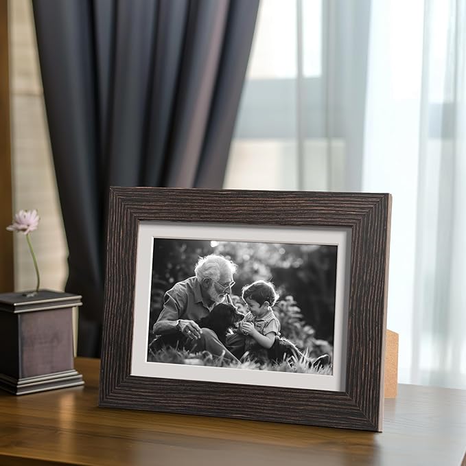 5x7 Picture Frame with Mat for 4x6, Black Wood Grain 5 x 7 Picture Frames Display on Tabletop or Wall Mounting (4 Pack,Black)
