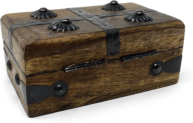 Nautical Cove Treasure Chest Wooden Box with Antique Iron Lock and Skeleton Key (X-Small 5 x 3 x 2) - Storage and Decor – Pirate Wooden Treasure Chest, Decorative Box with Hinged Lid,