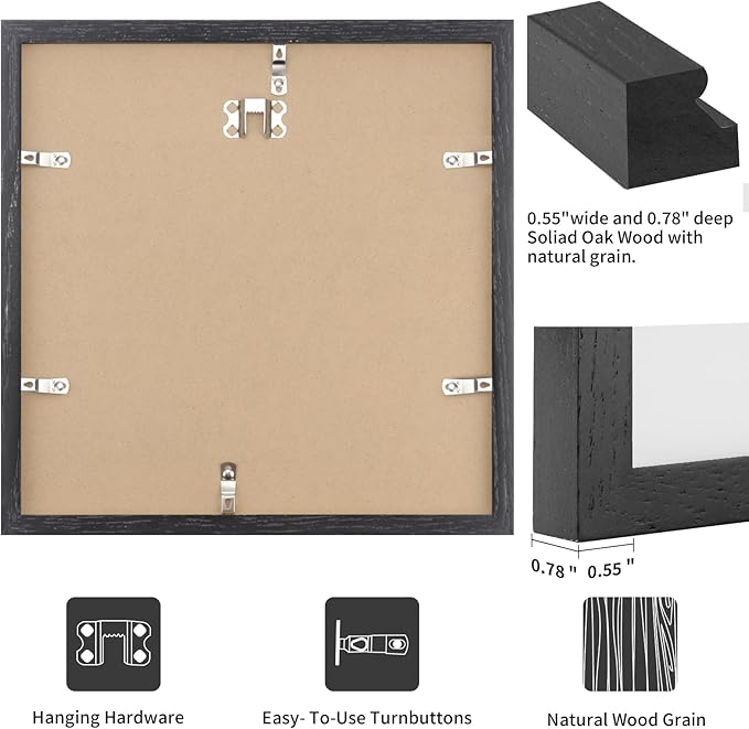 12x12 Black Oak Wood Picture Frame - Minimalist 12x12 Poster Frame, 12"x12" Frame Wood, Natural Solid Wooden Picture Frames for Wall Art Photo and Prints (3 Pack, Black)