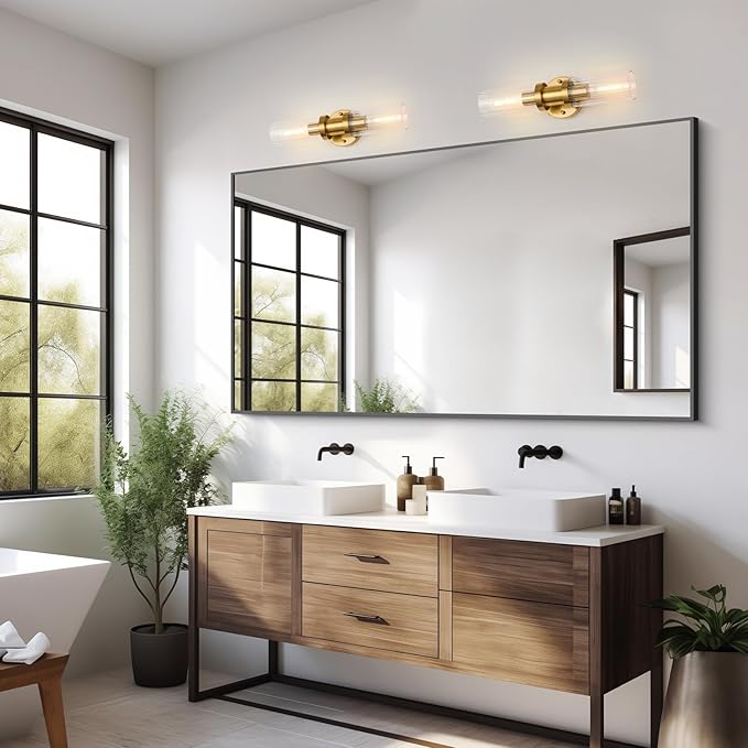 Gold Wall Sconces, 18.2 inch Modern Wall Sconces Lighting with Stripped Glass Shade, 2-Light Inch Gold Vanity Light Wall Lamp for Mirror Bathroom Kitchen Living Room