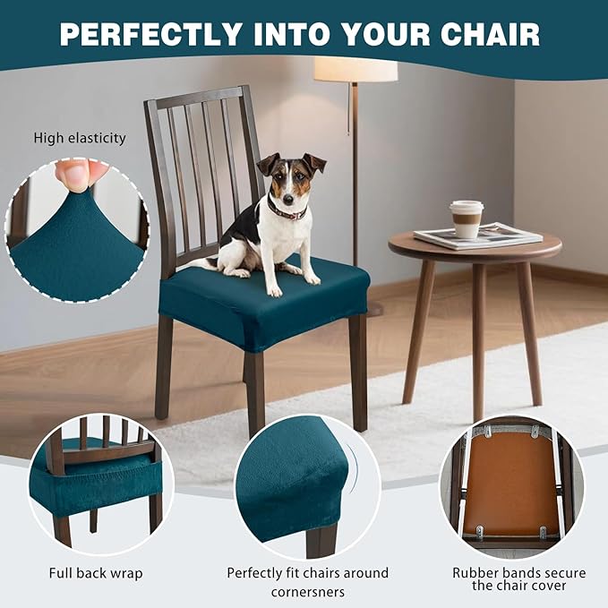 Dining Chair Seat Covers Set of 6, Stretch Velvet Chair Seat Slipcovers Protector, Removable Washable Kitchen Chair Covers for Dining Room Chairs (Set of 6, Teal)