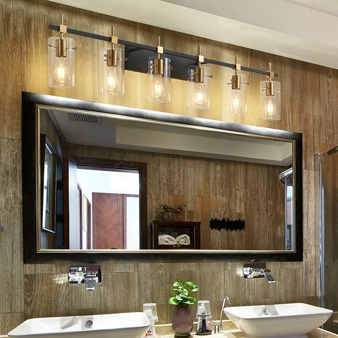 SOLFART 49.2 inch Vanity Light fixtures Vintage 6 Lights Wall Light Fixtures Above Mirror for Bathroom Brass and Black with Clear Glass Shade (Exclude Bulb)