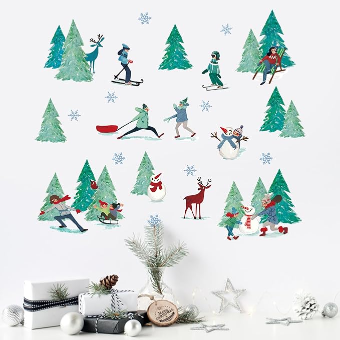 Mfault Winter Skiing Sports Wall Decals Stickers, Pine Tree Skier Snowman Reindeer Snowflake Decorations Bedroom Art, Christmas Seasonal Home Living Room Kitchen Decor