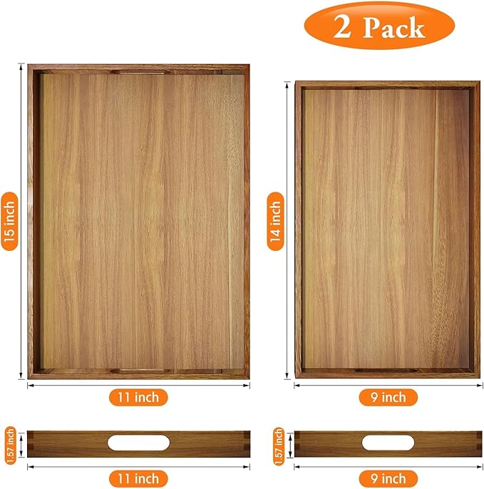 Serving Trays - 2 Pack, Acacia Wood Serving Platters with Ergonomic Handles, Versatile Rustic Decorative Trays for Breakfast, Brunch, Dinner, Coffee Table, Party, Kitchen-M