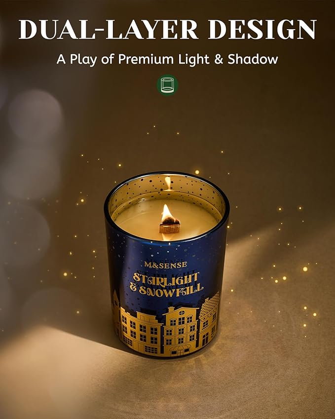 M&SENSE Christmas Candles, Startlight Snowfall Scented Winter Candle Natural Soy Wax 18oz 100 Hours Clean Non Toxic Burn, Cracking Wooden Wick Large Gift for Holiday Family Friends